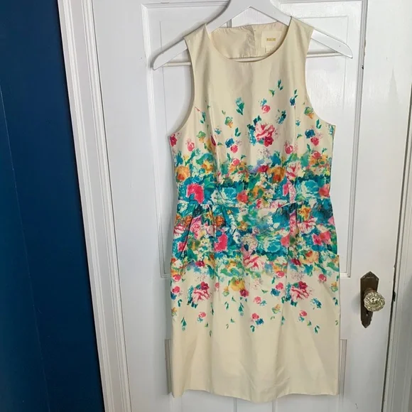 Anthropologie Maeve Tea Garden Sheath Dress Ivory Floral Sleeveless W-792 Size 8 - Picture 3 of 11